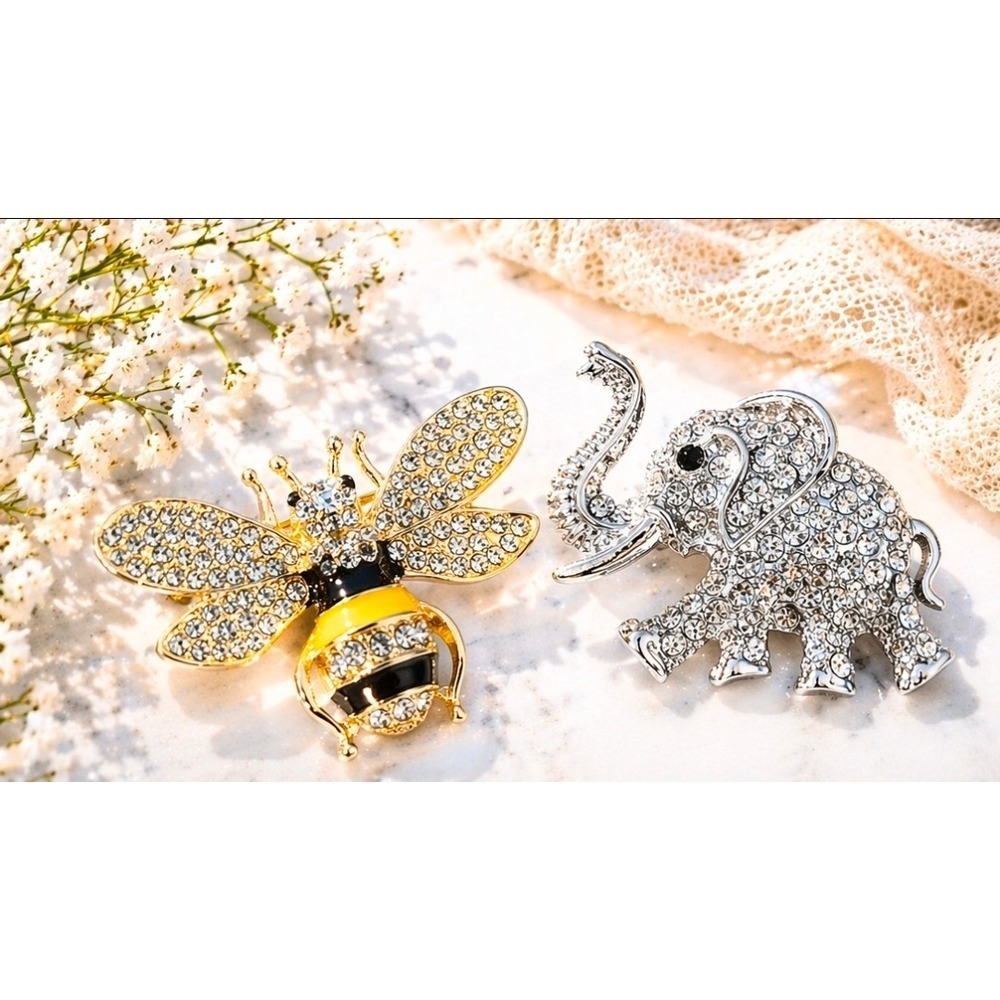 Gold Tone Bee & Silver Tone Elephant Brooch Set – Rhinestone Statement Pins